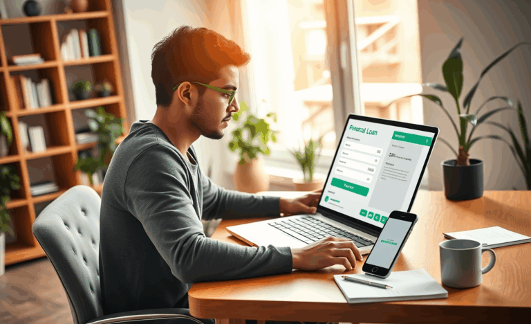 A person happily reviewing loan options online for quick approval.